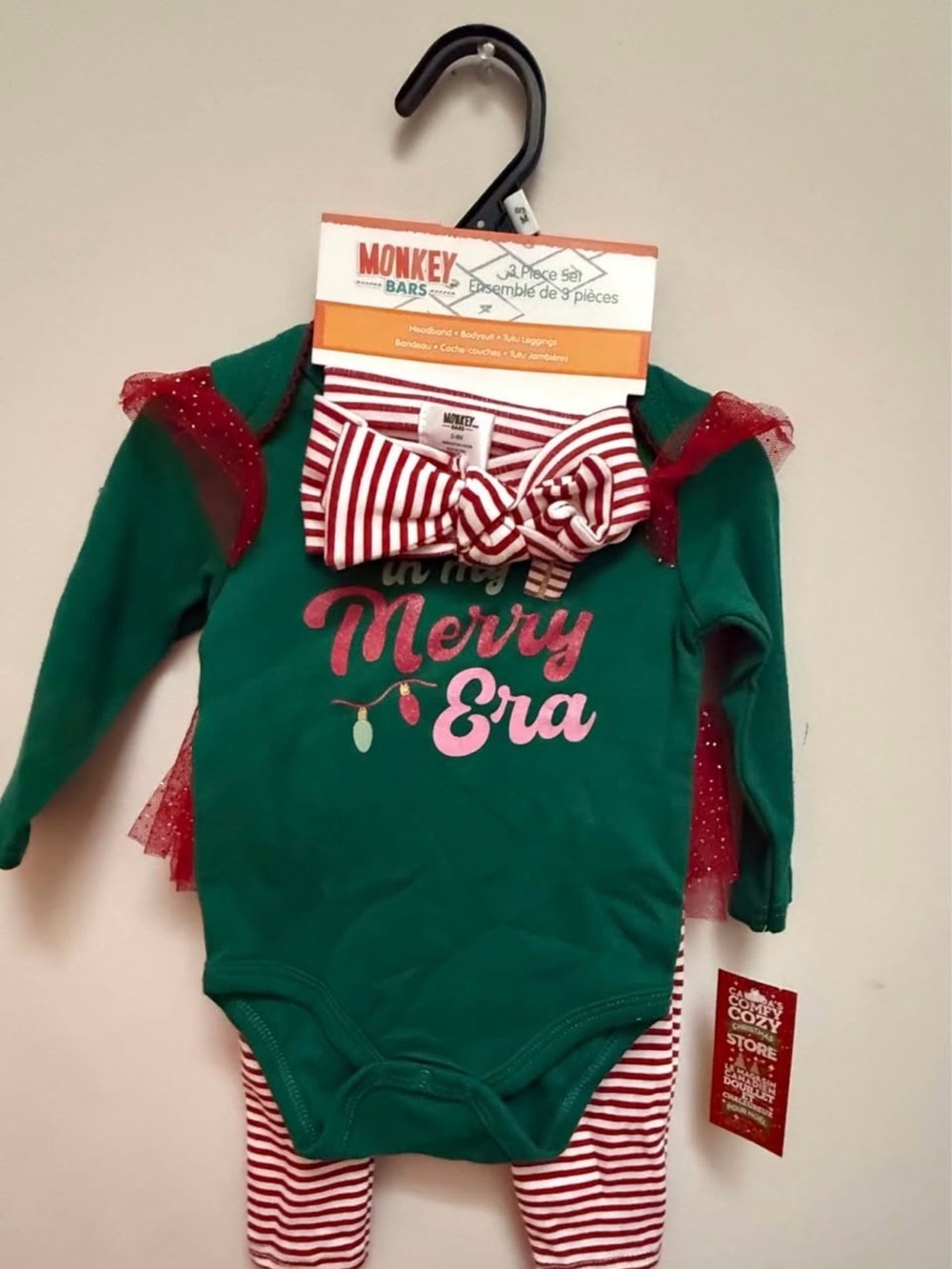 Green "Merry Era" Holiday 3 Piece Set with Red Striped Bow